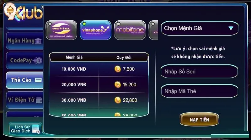 Các hình thức nạp tiền đang áp dụng tại 9Club